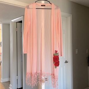 Pink/salmon see through embroidered kimono